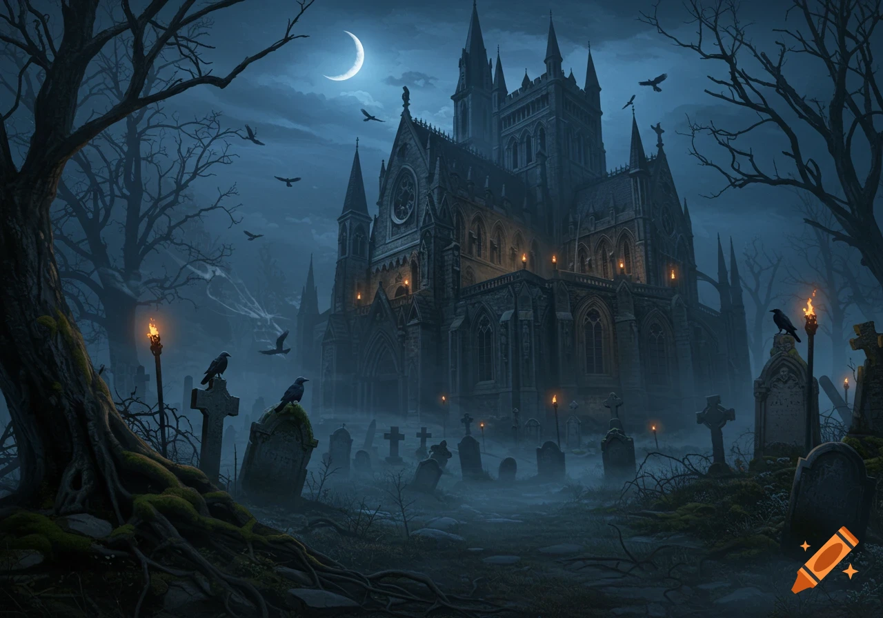 Gothic monastery and cemetery at night under a crescent moon, with bare trees and ravens in a dark fantasy style.