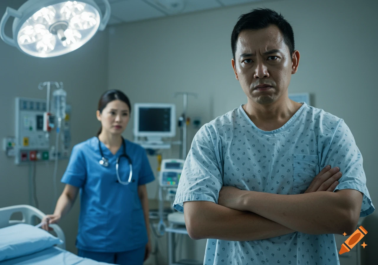 An angry patient in a hospital gown with arms crossed, facing the camera, with a nurse standing in the background.
