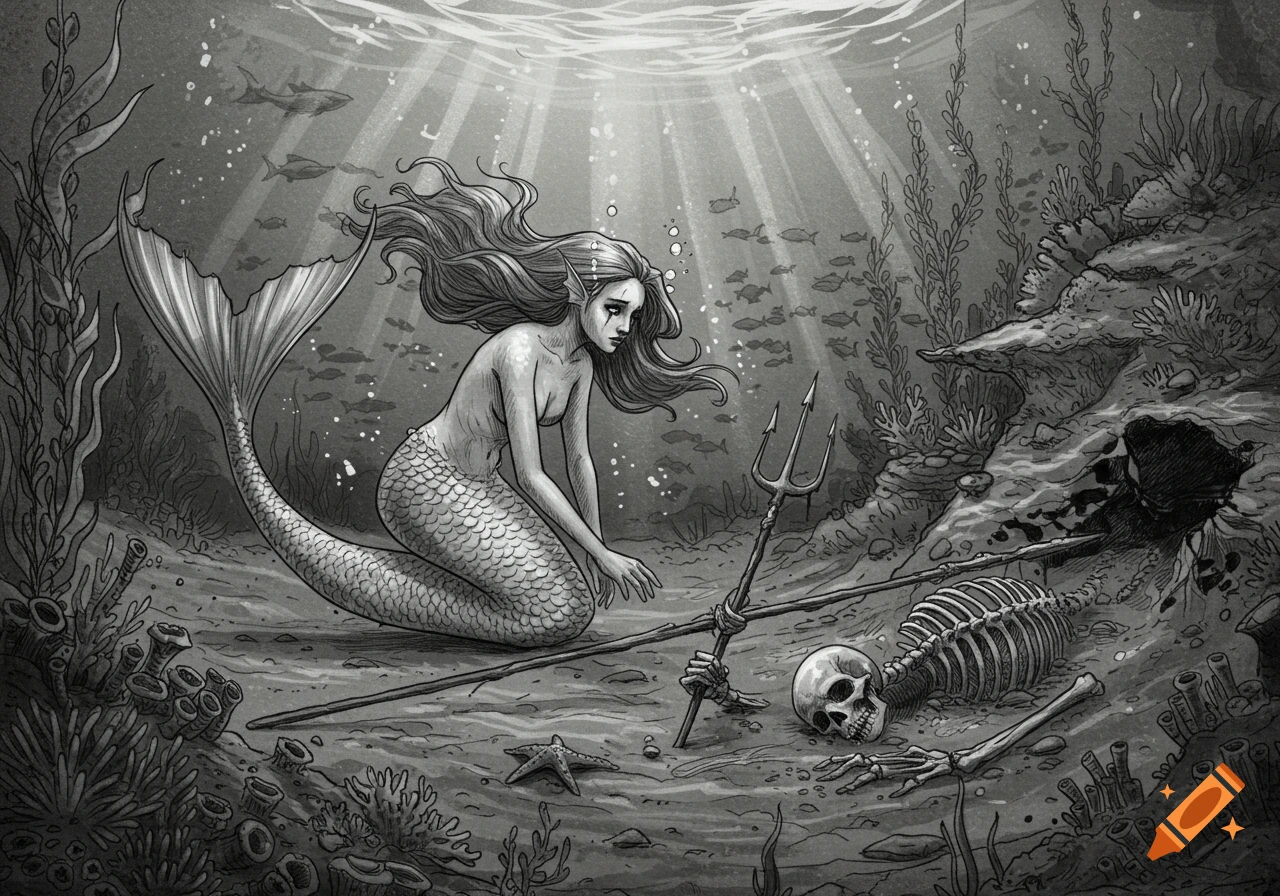 Black and white sketchy illustration of a pensive mermaid discovering a human skeleton on the ocean floor.