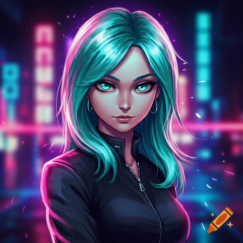 Digital illustration of an anime-style woman with bright teal hair, glowing blue eyes, and a black jacket against a neon city background.