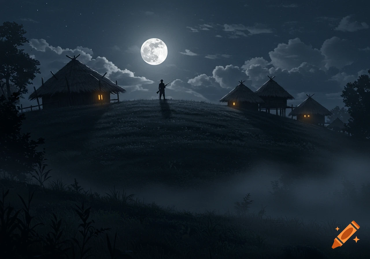 A full moon illuminates a dark, misty hill with thatched huts and a silhouetted figure holding a rifle.