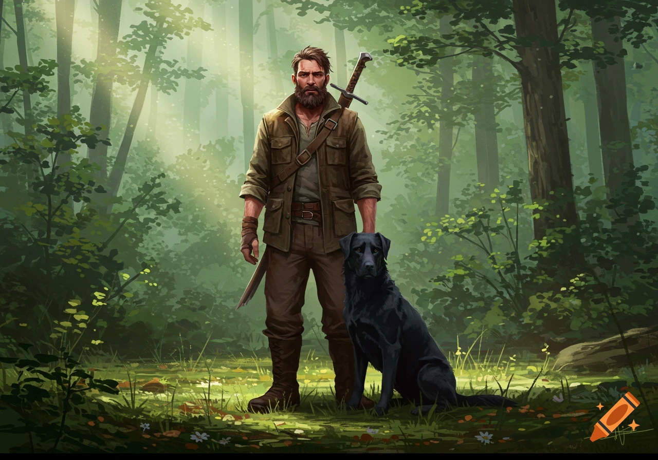 A bearded man with a sword and a black dog stands in a sunlit forest in an illustration.