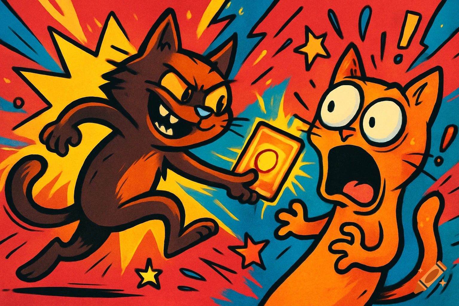 Mischievous brown cartoon cat gives a glowing card to a surprised orange cat in a vibrant, chaotic comic style.