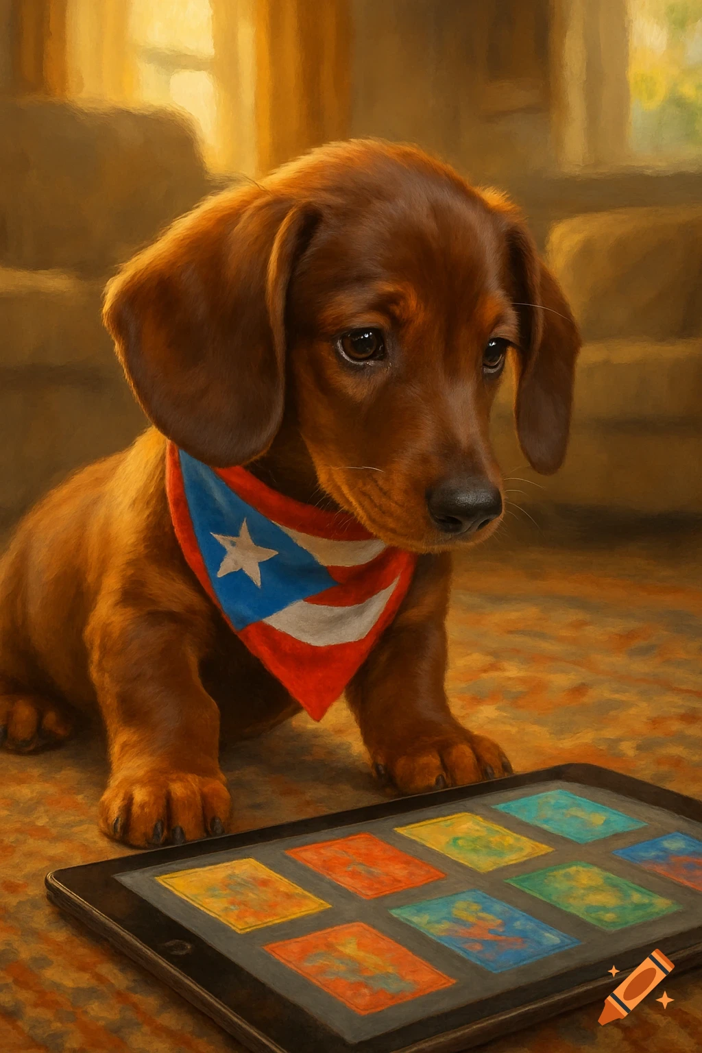 A brown dachshund puppy wearing a Puerto Rico flag bandana looks at a tablet displaying colorful app icons. The image has a painterly style.