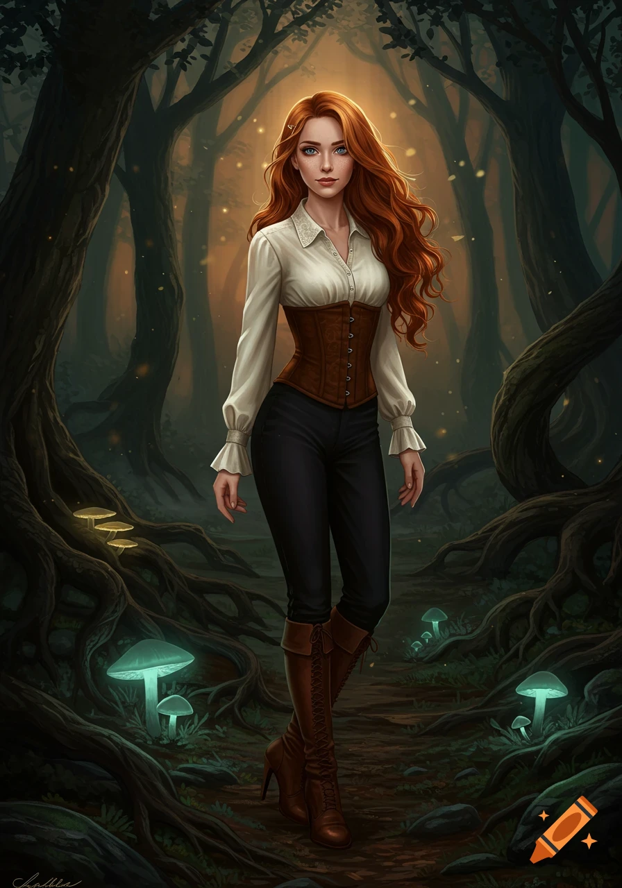 Painting: Copper-haired woman in white blouse and brown corset, standing in dark fantasy forest with glowing mushrooms.