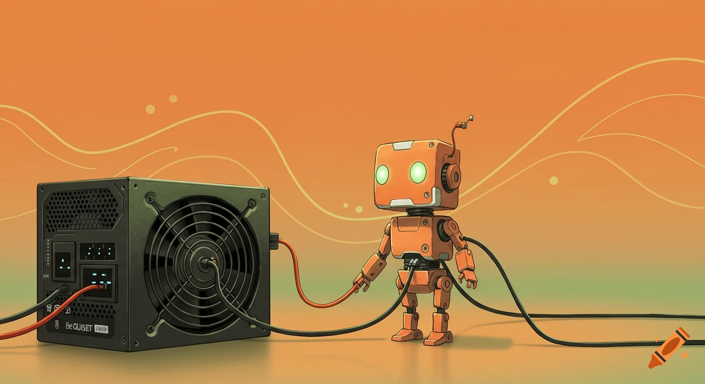 A cartoonish orange robot connects to a black computer power supply with wires against an orange and green background.