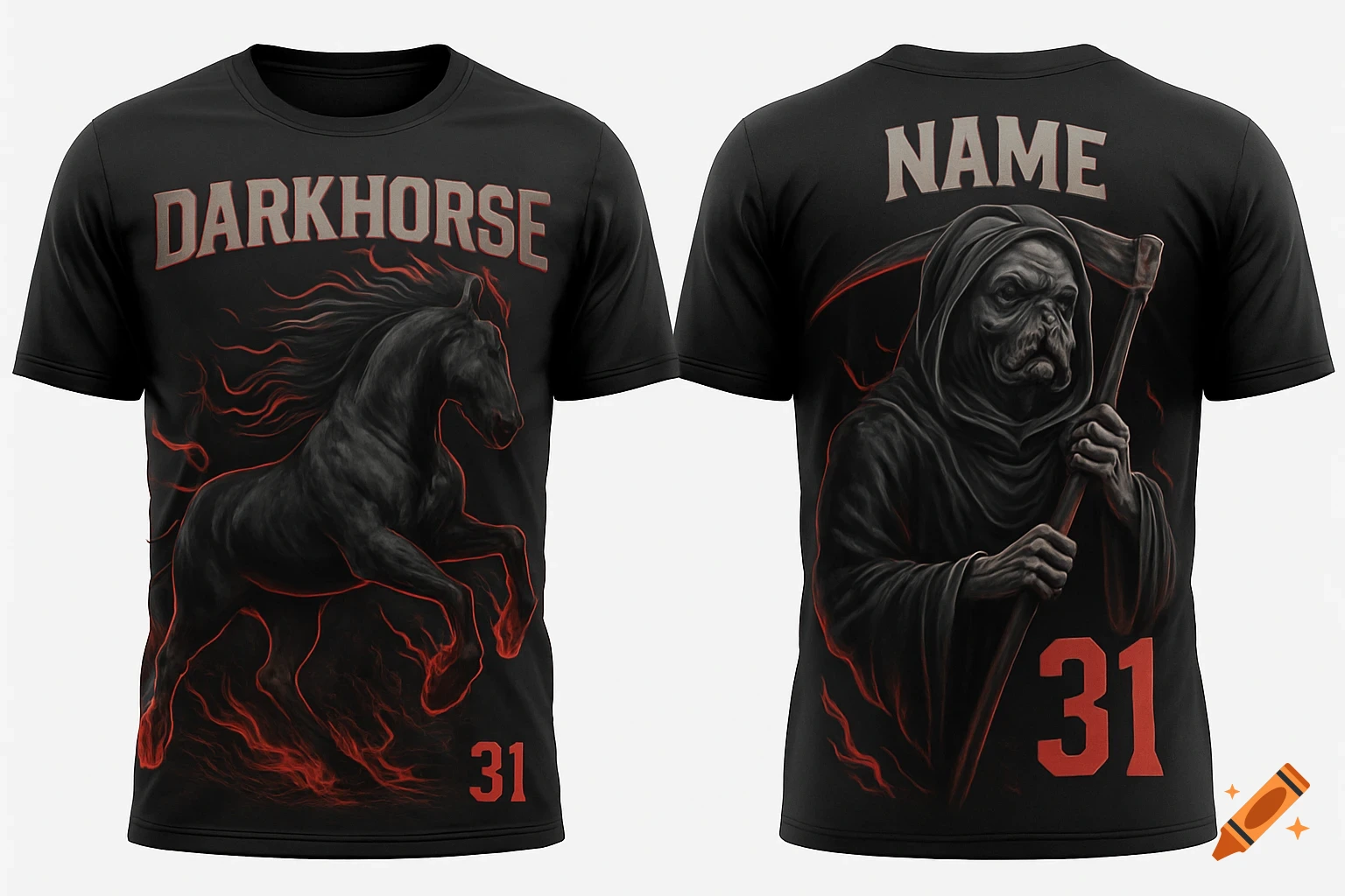 A black t-shirt or jersey showing the front and back. The front has 'DARKHORSE' and a black horse with red flames, plus the number '31'. The back has 'NAME' and a grim reaper with a bulldog head holding a scythe, plus the number '31'.