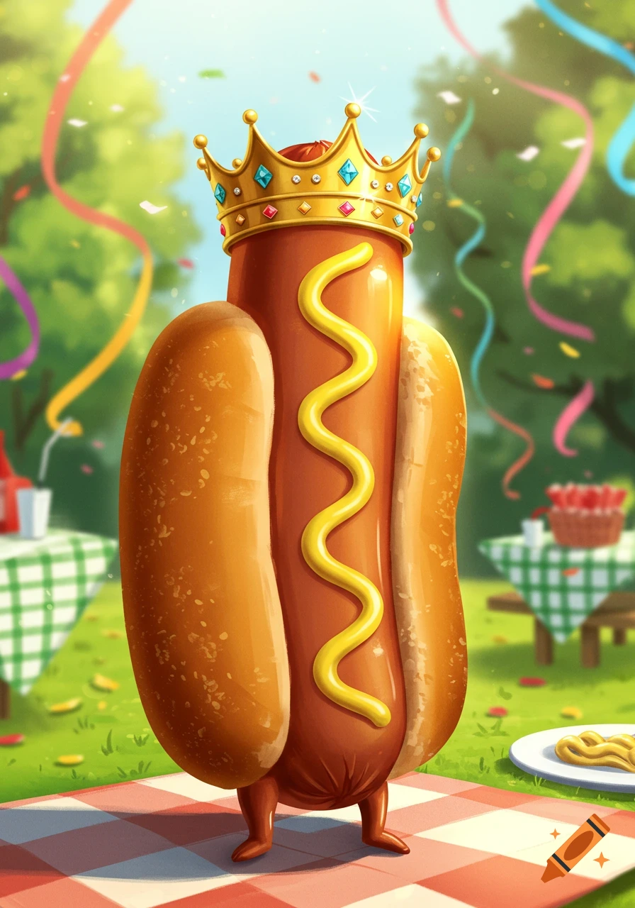 A cartoon hotdog wearing a golden crown stands on a red and white checkered blanket at a picnic.