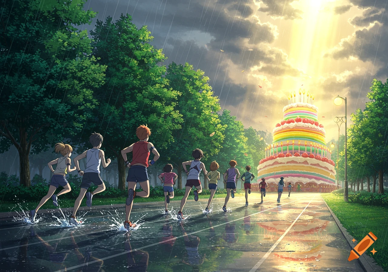Anime group of runners in rain on track, splashing towards a giant colorful birthday cake under bright sun.