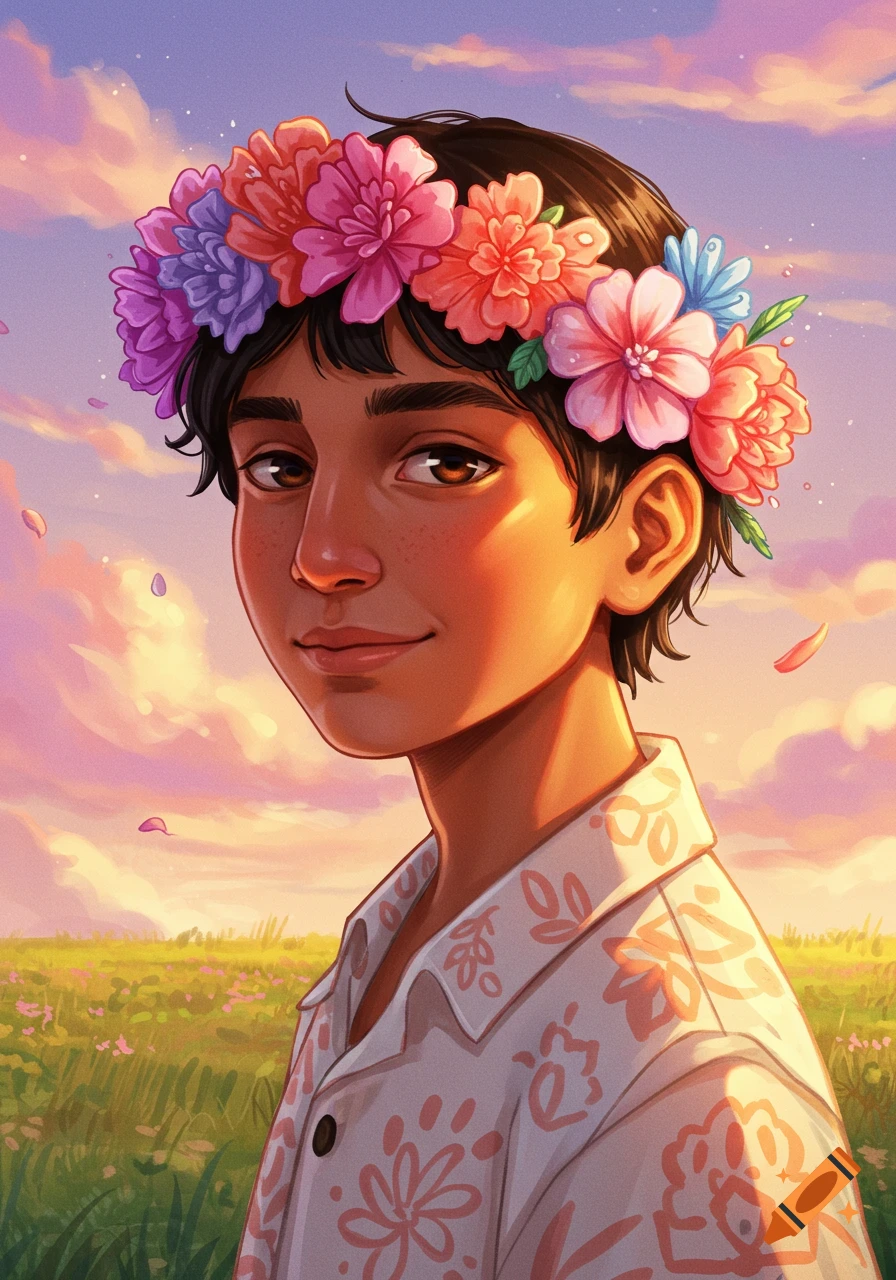 An anime-style illustration of a smiling Latino boy with a vibrant flower crown in a sunny field under a colorful sky.