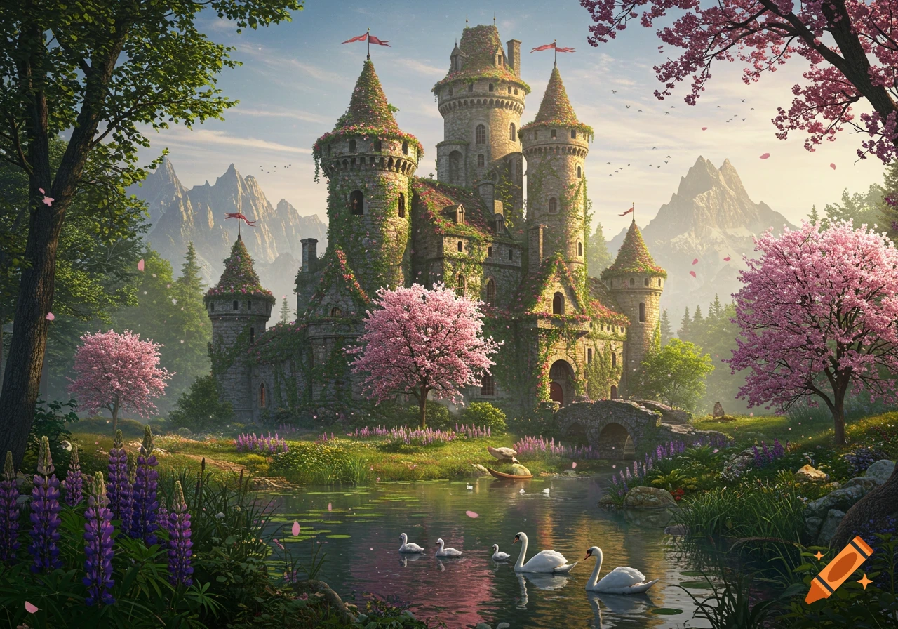 A vibrant fantasy castle covered in vines and cherry blossoms, reflected in a pond with swans, surrounded by lush nature and mountains.