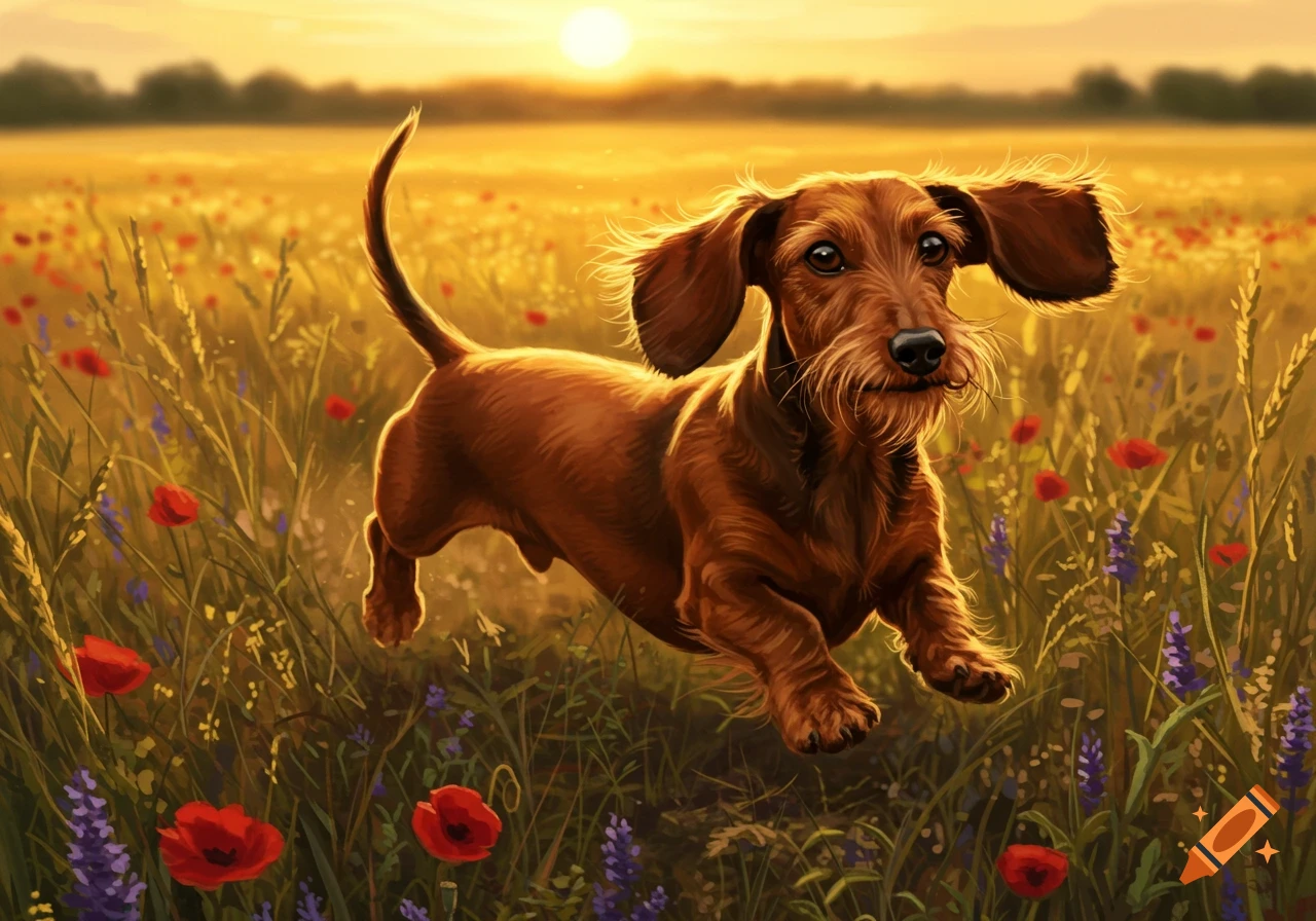 A long-haired dachshund runs through a vibrant field of red and purple wildflowers at sunset.