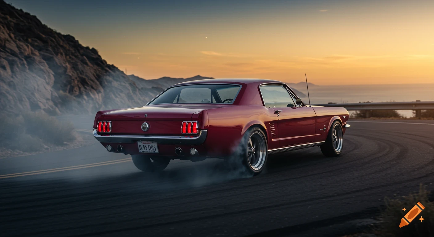Photorealistic shot of a cherry red 1965 Ford Mustang Fastback drifting on a winding mountain road at sunset, smoke from tires.