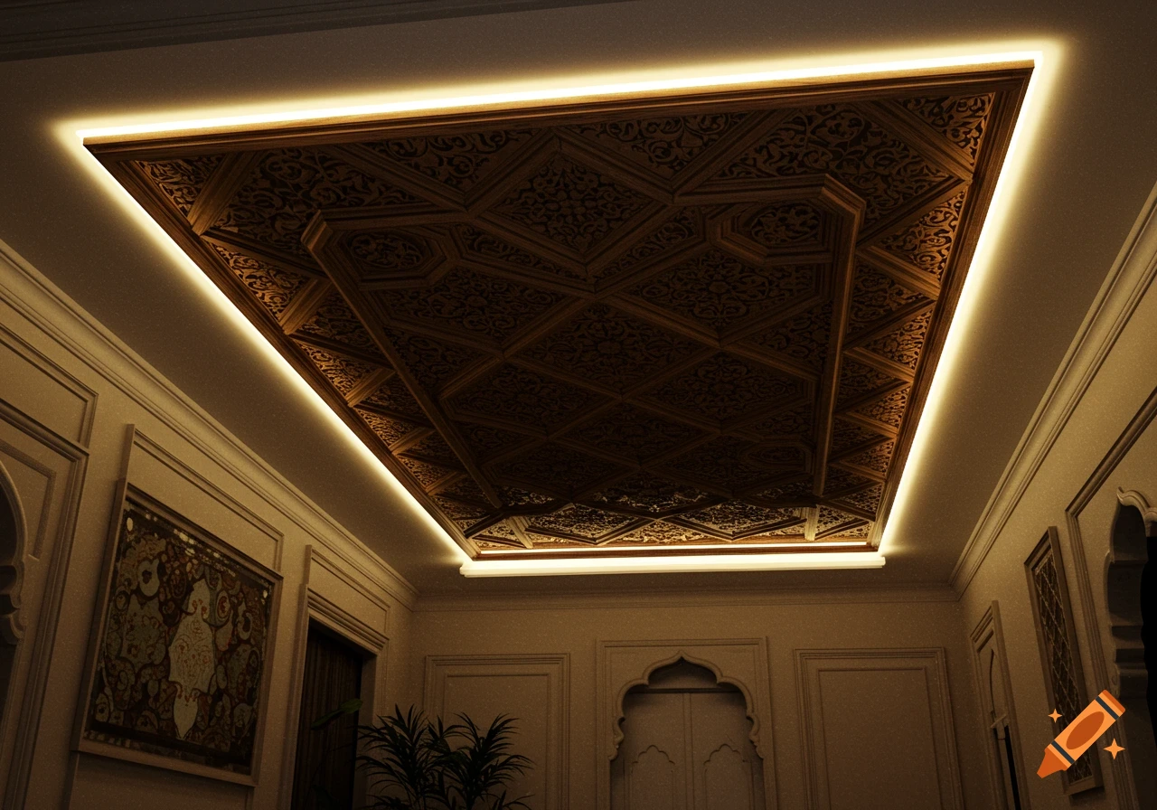 An elegant room interior features a richly carved wooden ceiling, illuminated by warm LED strip lights along its borders.