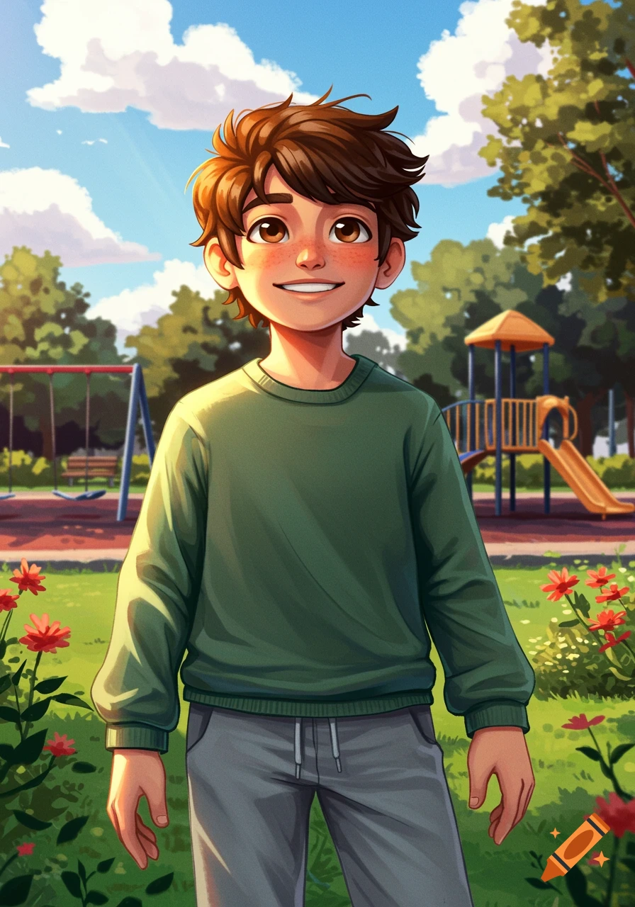A smiling cartoon boy with brown hair and freckles in a green shirt and gray pants stands in a sunny park playground.