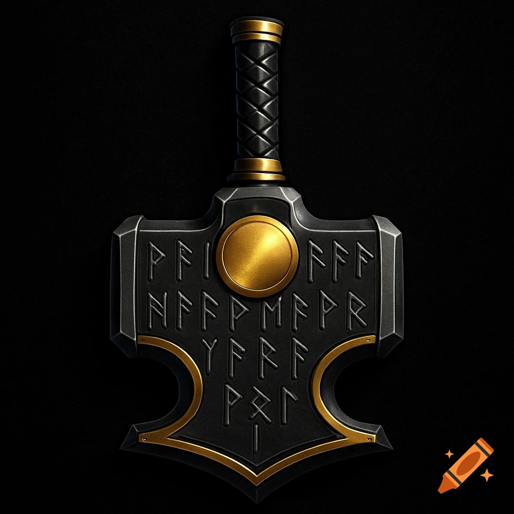 A detailed emblem of Thor's hammer, Mjolnir, featuring a black and gray hammerhead with gold accents and inscribed runes. Photorealistic style.