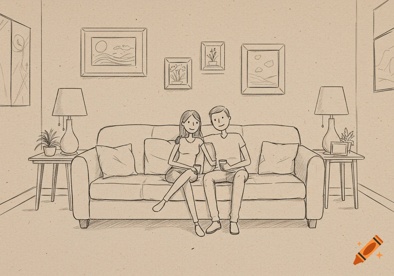 A simple line art drawing of a man and a woman sitting on a sofa in a living room, holding cups.