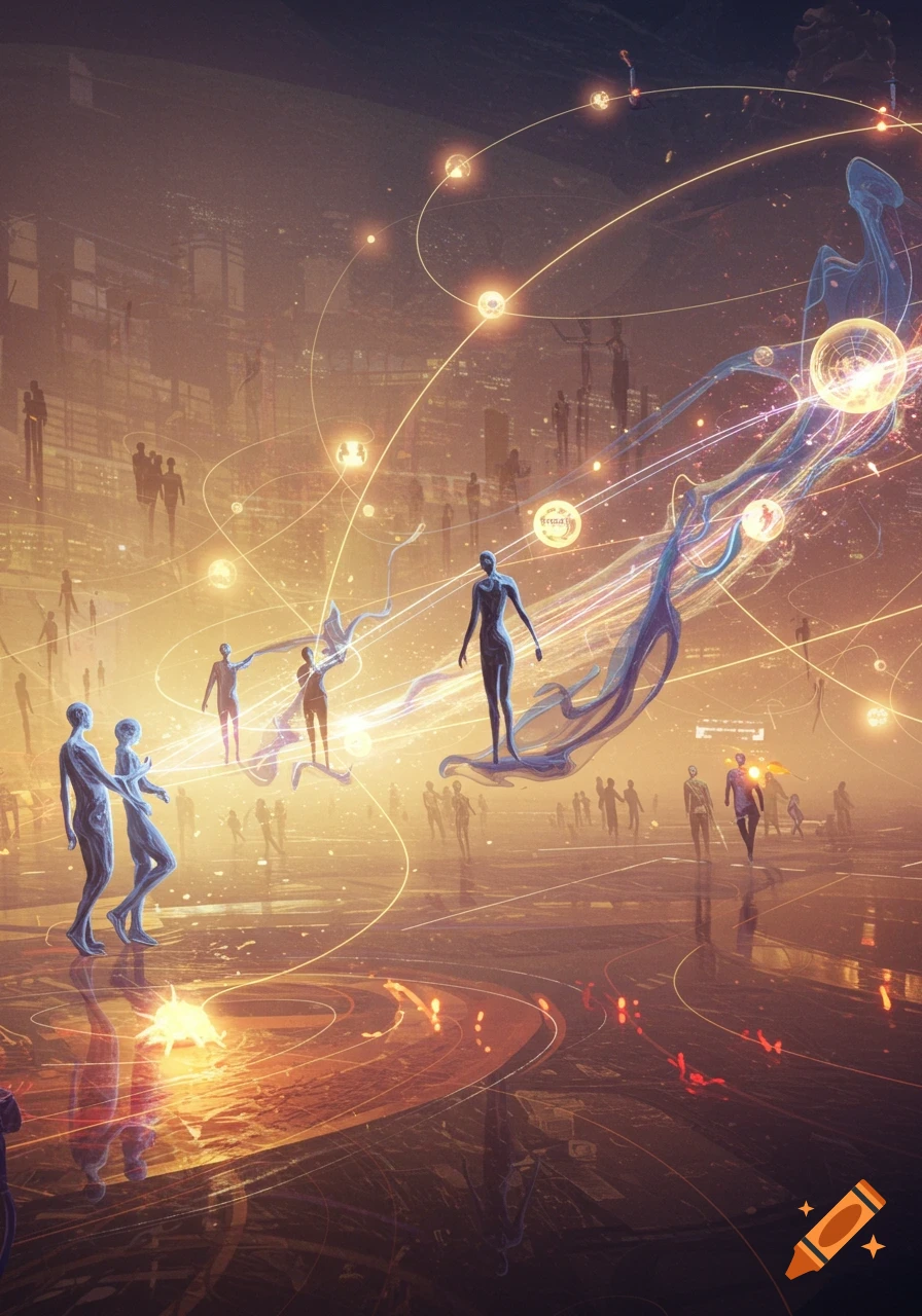 Abstract sci-fi art of glowing human figures in a complex, futuristic network of light lines and orbs.