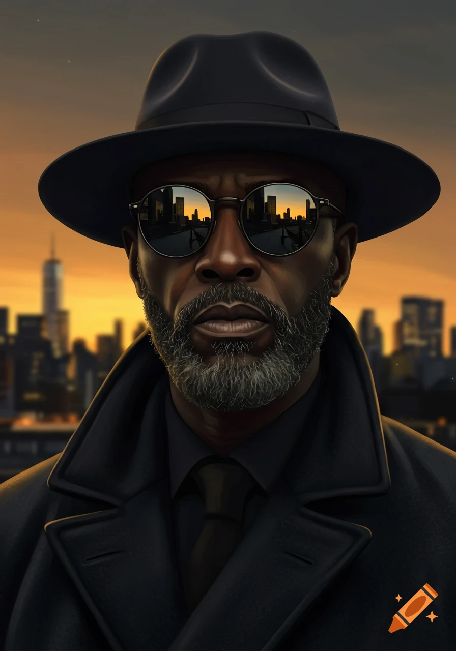 Close-up portrait of a man in a fedora and sunglasses, with a cityscape reflected in his lenses at sunset.
