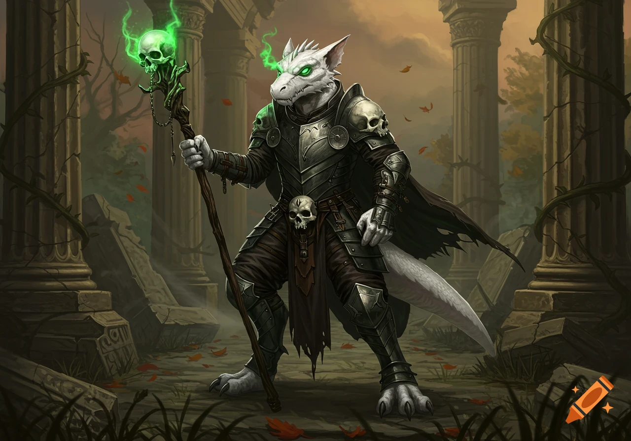 A white-scaled death cleric in dark, skull-adorned armor holds a glowing skull staff in ancient ruins.