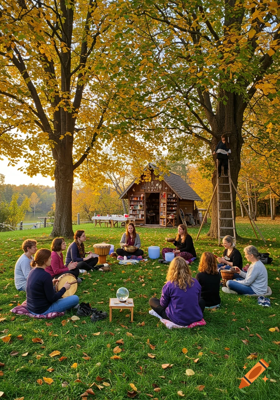 Group of people in a circle playing drums and singing bowls during an outdoor autumn spiritual workshop near a cabin.