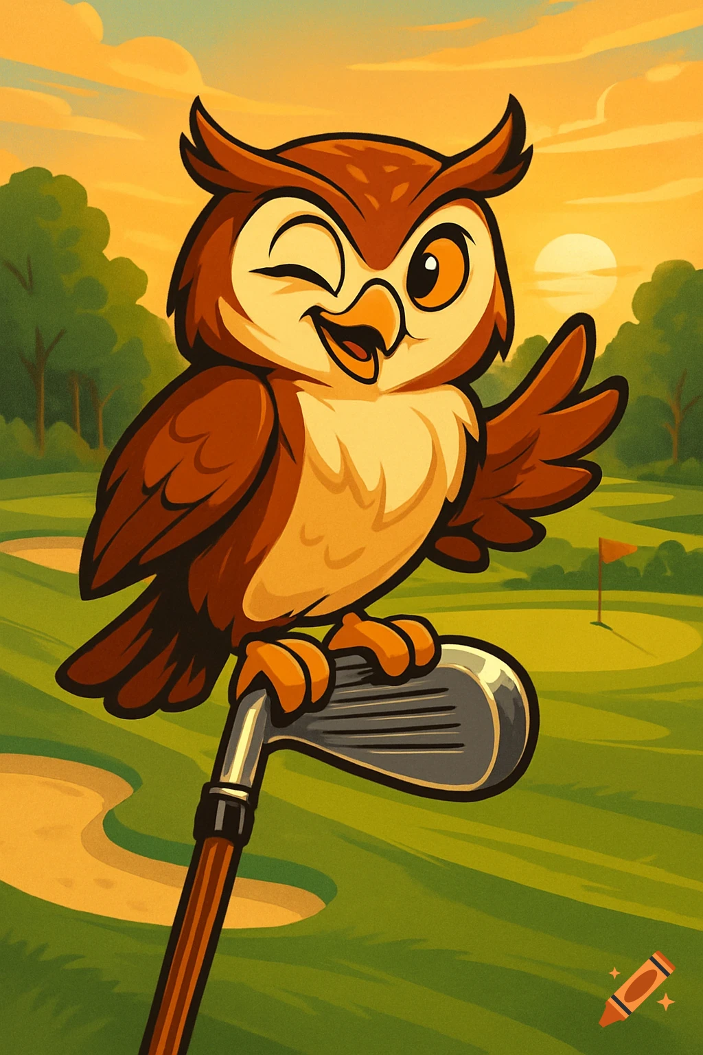 A cheerful cartoon owl winks, waves, and stands on a golf club on a golf course at sunset.