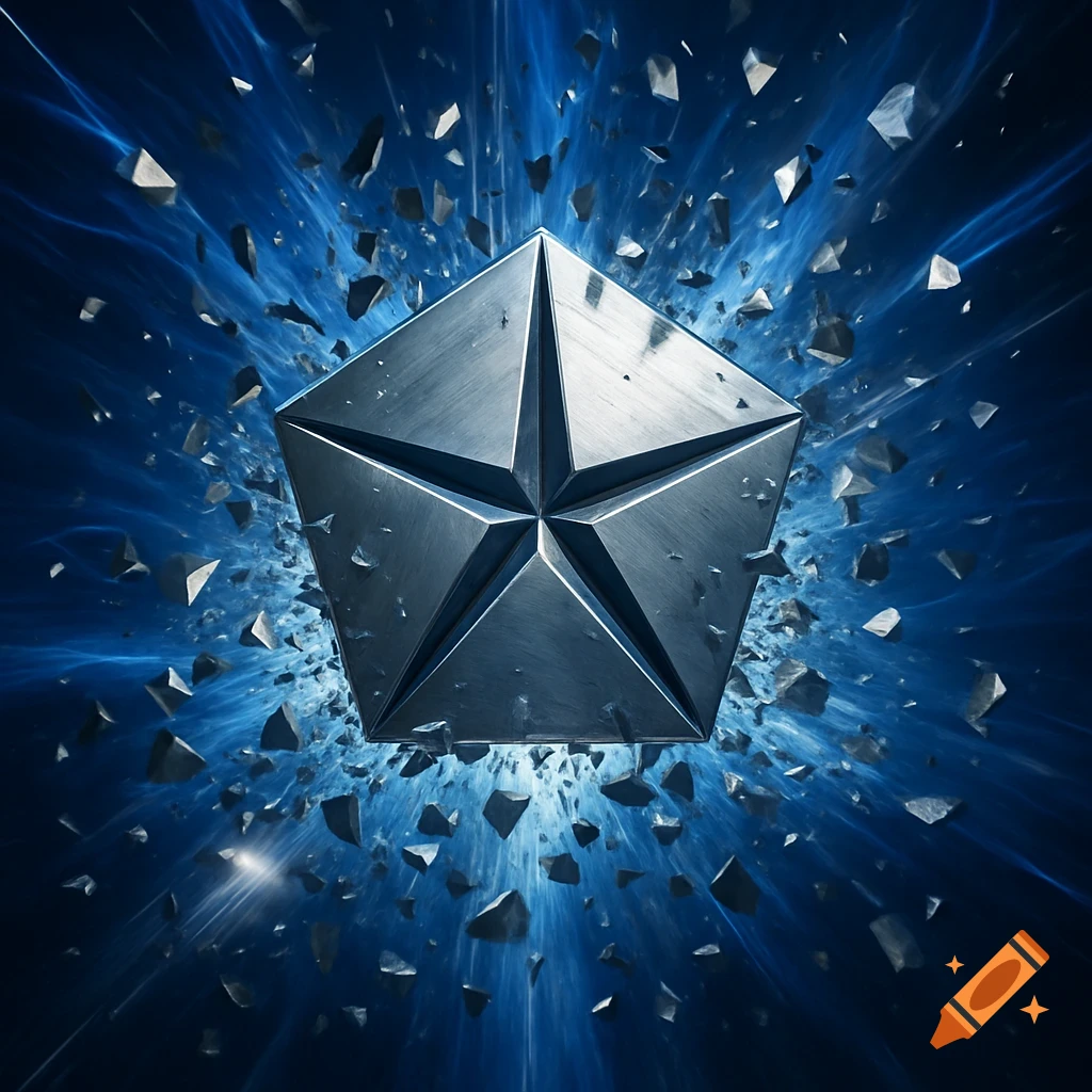 A metallic pentastar logo explodes into sharp fragments against a vibrant blue energy field.