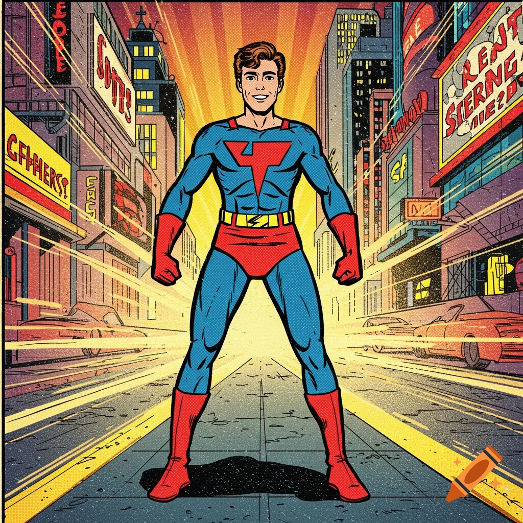 A young superhero in a blue and red suit with a red 'T' emblem stands confidently in a vintage comic book style cityscape.