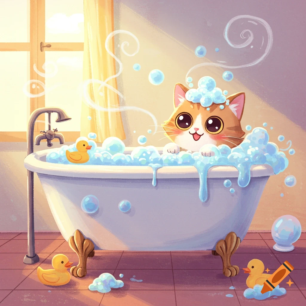 A cute cartoon cat with large eyes happily bathes in a bubbly bathtub with yellow rubber ducks in a sunny bathroom.