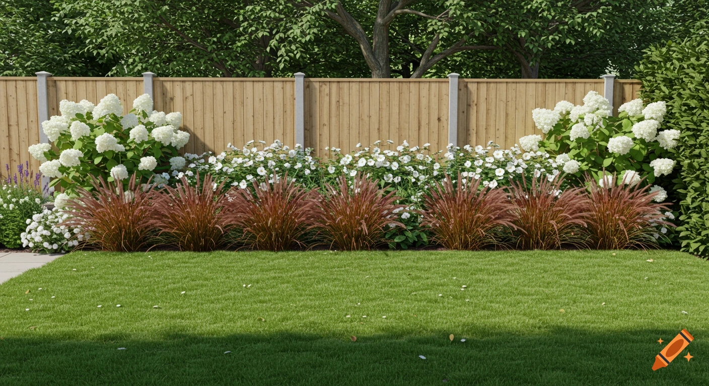 A vibrant garden border featuring white hydrangeas, reddish ornamental grasses, and small white flowers, set against a wooden fence with a lush green lawn in the foreground.