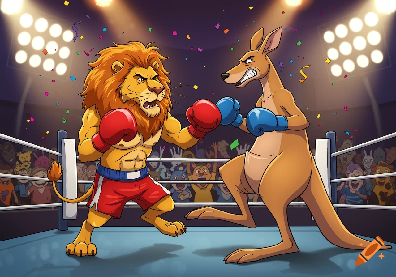 A cartoon lion in red boxing gloves and shorts fights a kangaroo in blue boxing gloves in a brightly lit ring with a cheering audience.