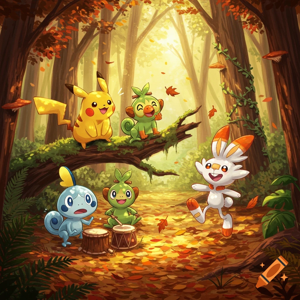 Pikachu, Grookey, Sobble, and Scorbunny playing in a vibrant autumn forest with falling leaves and drums.