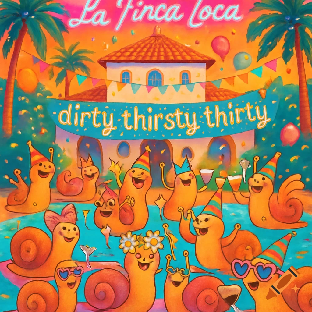 A vibrant, cartoon illustration of snails in party hats celebrating by a pool in front of a villa, with "La Finca Loca" and "dirty thirsty thirty" text.