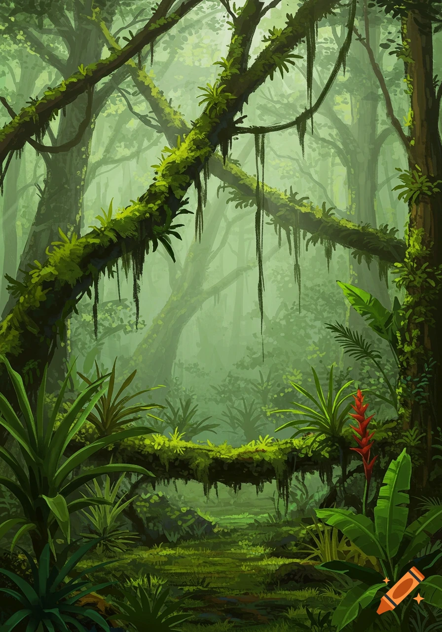 Lush, misty rainforest with moss-covered trees, hanging vines, and vibrant tropical foliage in an illustrative style.