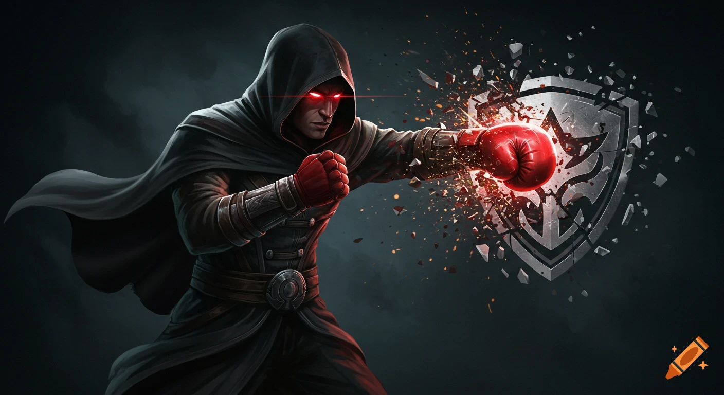 A dark hooded assassin with glowing red eyes and a red boxing glove shatters a metallic shield with a powerful punch, stylized.