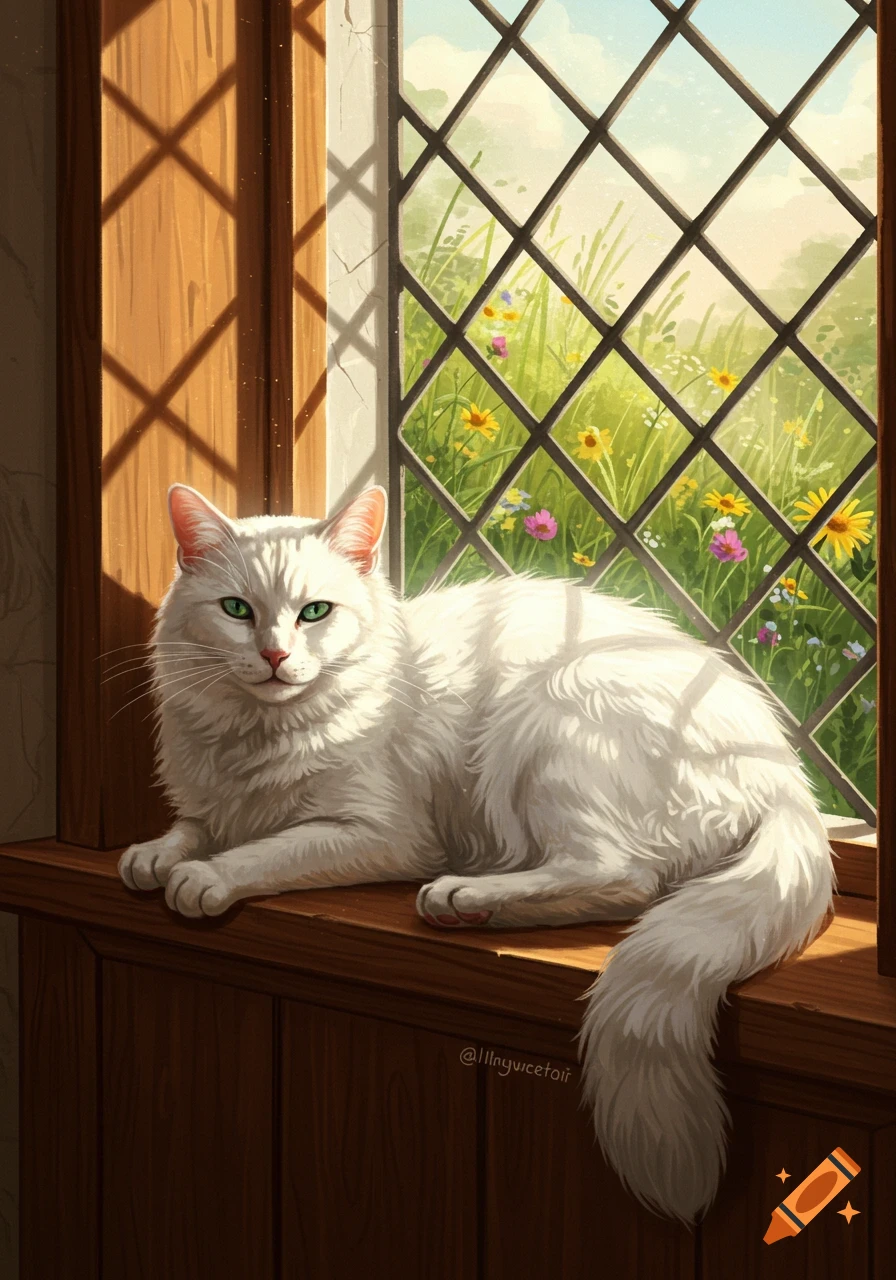 A fluffy white cat with green eyes sits on a wooden windowsill, sunlight shining through a leaded window overlooking a flowery meadow. Illustrated style.
