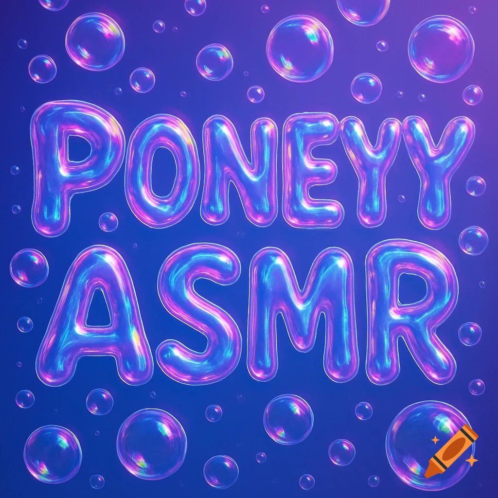 Glossy iridescent bubble letters spelling 'PONEYY ASMR' on a purple-blue background with many bubbles.