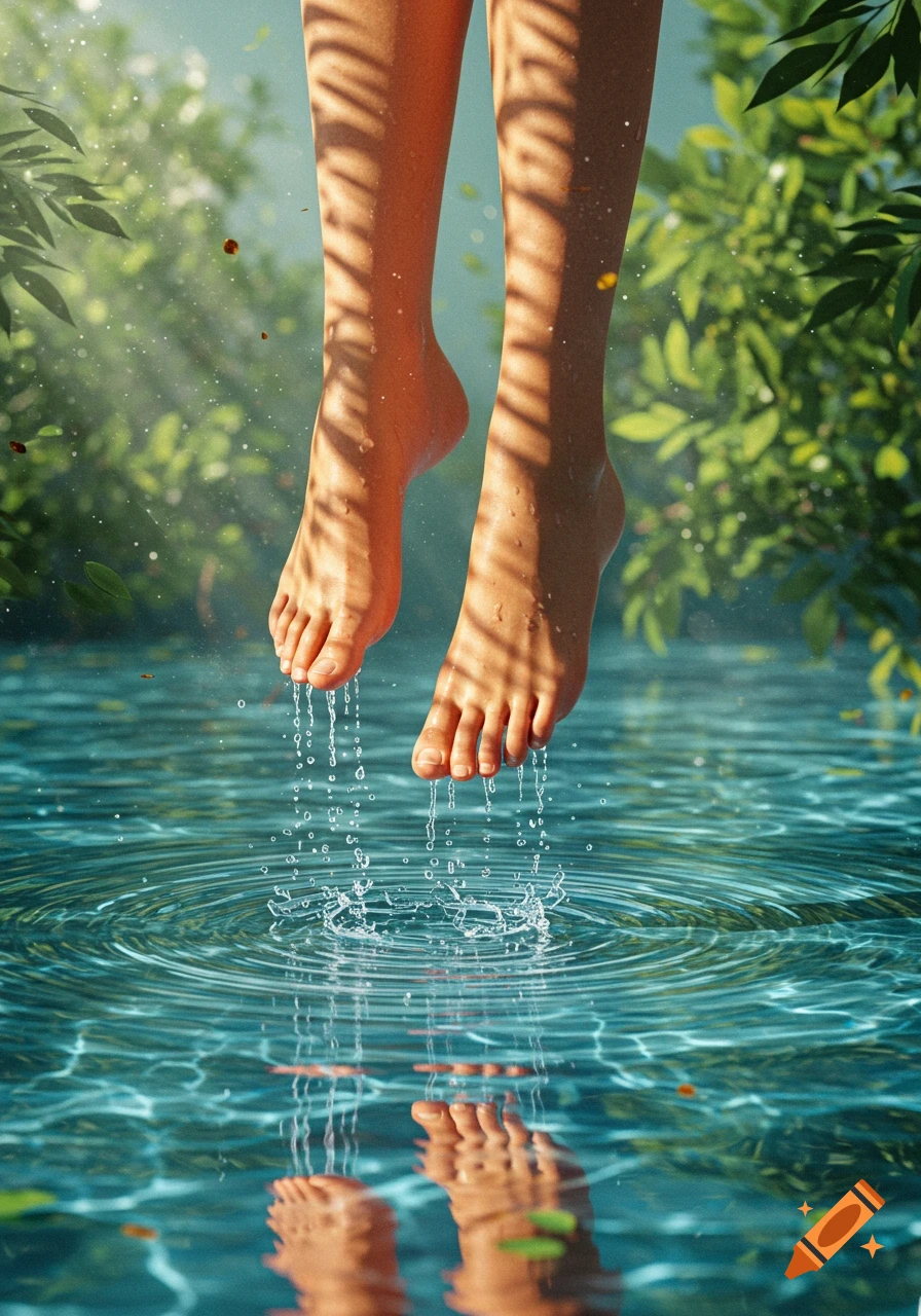 Bare feet dip into clear blue water, creating ripples and splashes, with reflections and green foliage under dappled sunlight.