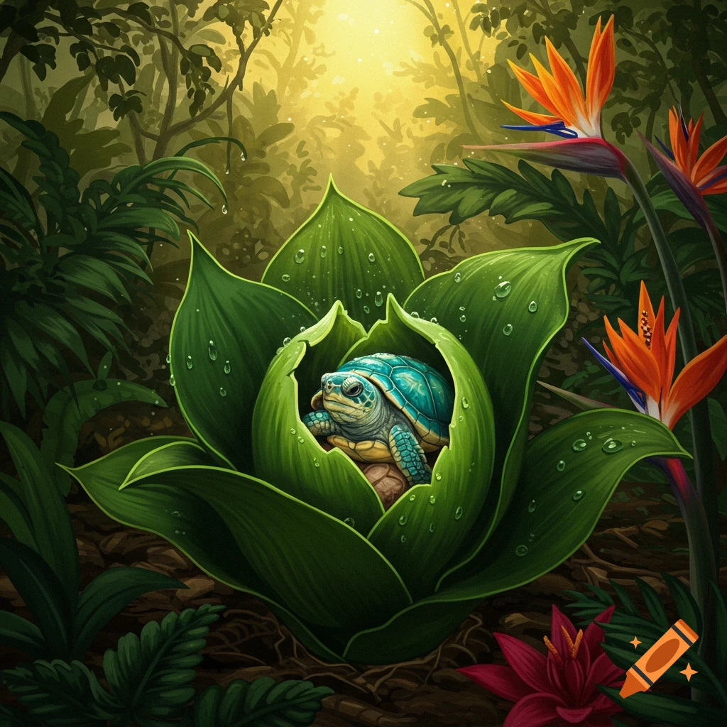 A stylized illustration of a baby turtle nestled inside a large green tropical plant in a lush jungle with bright light and flowers.