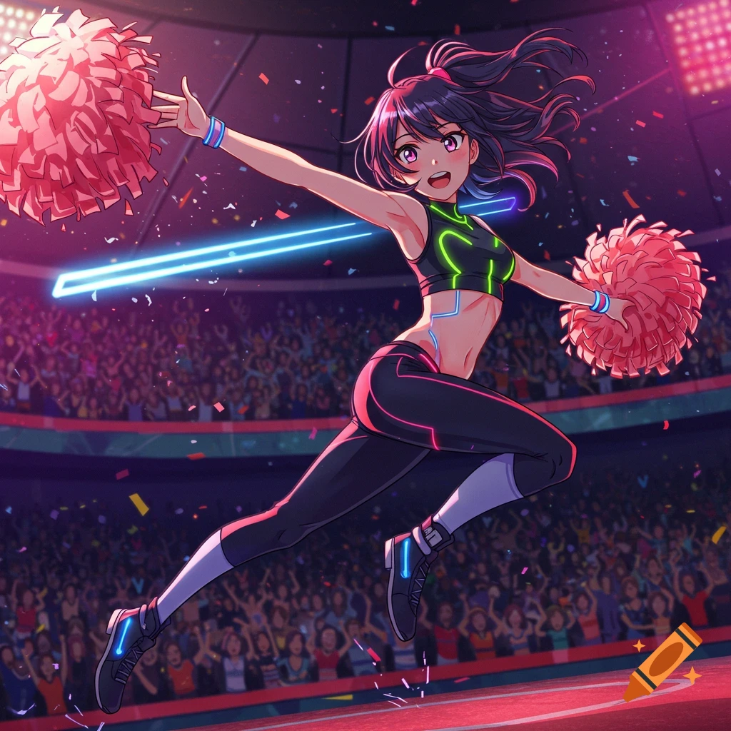 An anime girl in a glowing athletic outfit, jumping and holding pink pom-poms in a futuristic stadium filled with a cheering crowd.