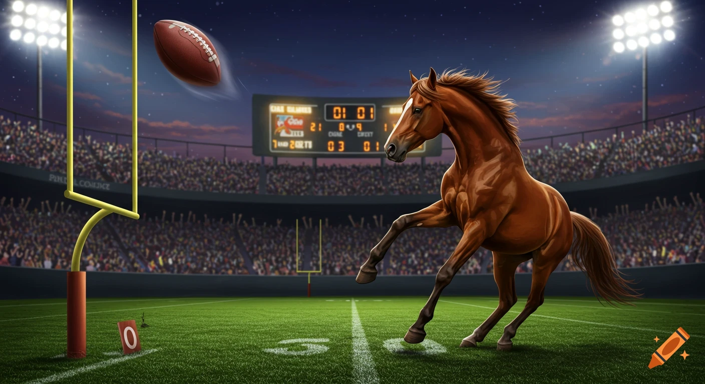 A brown horse on a football field kicking a football towards the goalposts at night.