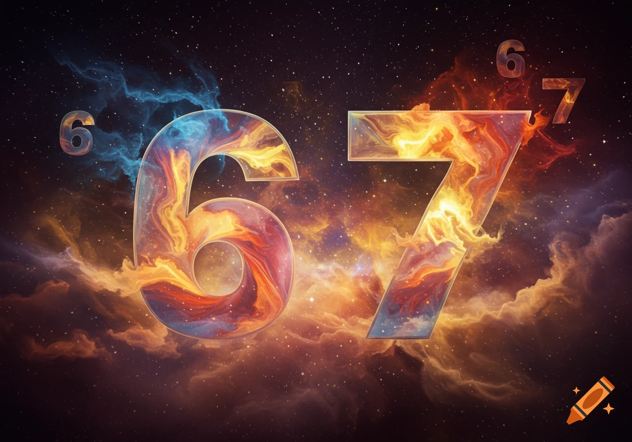 Large glowing numbers 6 and 7, textured with fire and ice, against a starry cosmic nebula background.