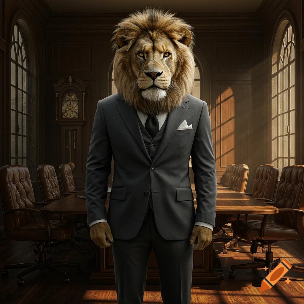 Photorealistic image of an anthropomorphic lion in a business suit standing in a grand boardroom.