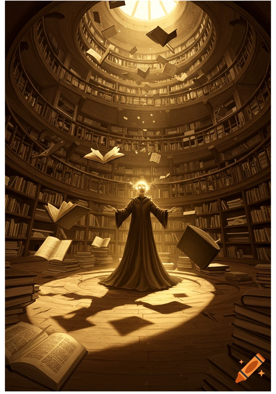A robed figure with a glowing head stands in a circular library, surrounded by magically floating books under a bright skylight.
