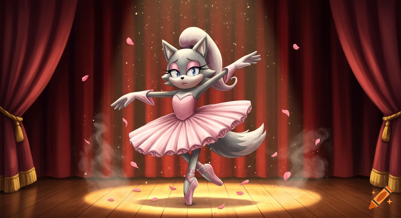 Cartoon anthropomorphic wolf in a pink ballet tutu dances on a spotlighted stage with falling rose petals.