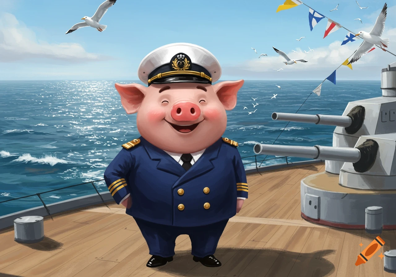 A happy cartoon pig in a blue navy captain's uniform stands on the deck of a battleship at sea with seagulls and flags.