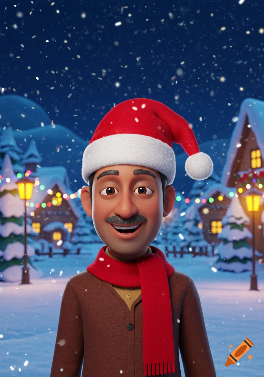 Cartoon of a cheerful Indian man with a mustache, wearing a Santa hat and red scarf, smiling in a snowy Christmas village.