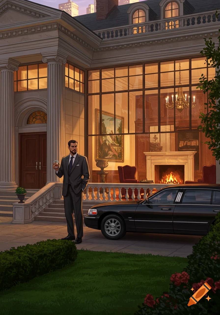An illustration of a well-dressed man holding a drink in front of a grand mansion with a black limousine.