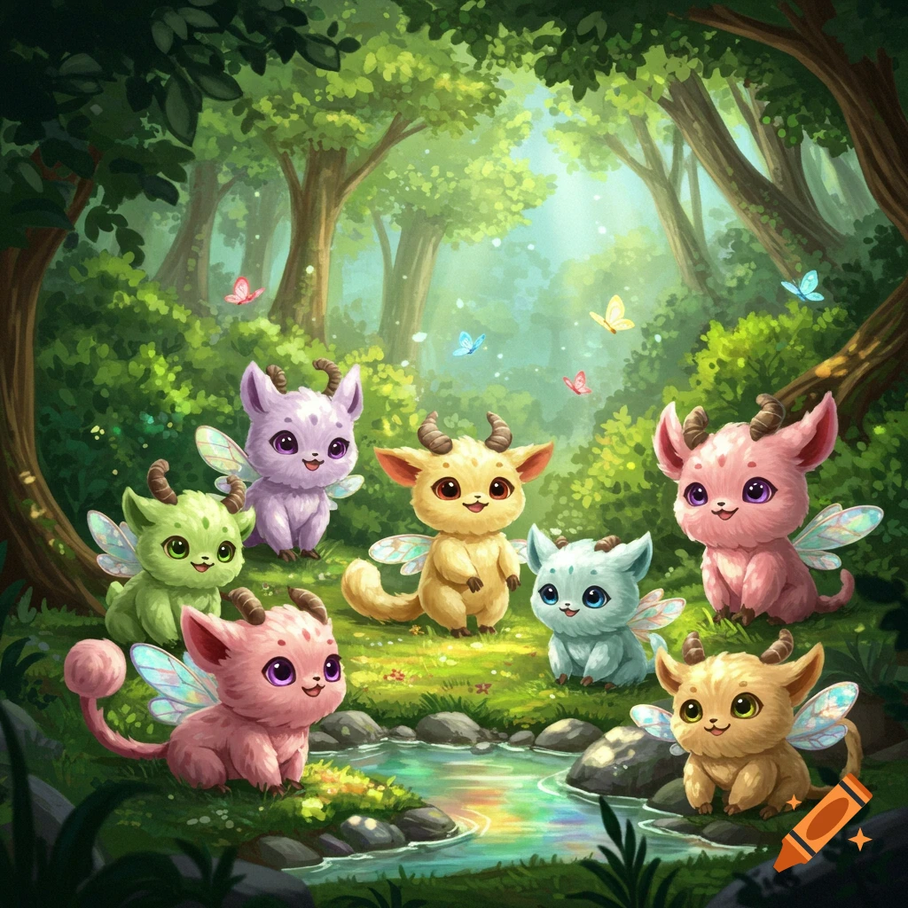 Cute, colorful, winged creatures with horns sit around a rainbow pond in a sunlit forest with butterflies.