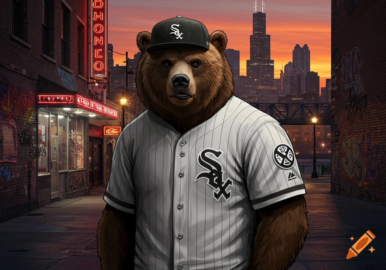 A brown bear wearing a Chicago White Sox baseball cap and jersey, standing in a dark city alley at sunset with neon signs and skyscrapers in the background.